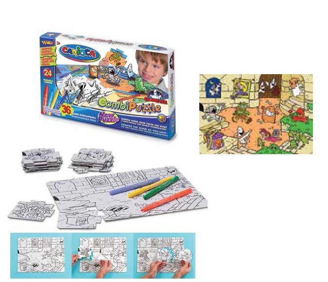 Puzzle de colorat, 36 piese + 24 carioca lavabile, CARIOCA Monsters