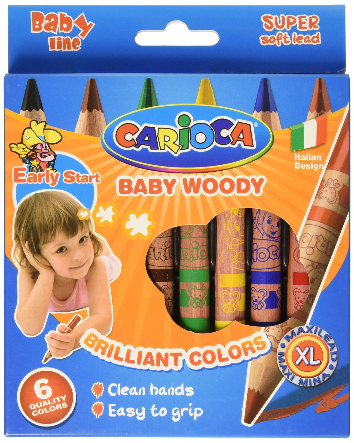 Creioane colorate cerate, rotunde,  6 culori/cutie, CARIOCA Baby Woody Wax Crayons