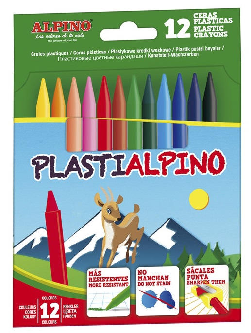 Creioane cerate din plastic, cutie carton, 12 culori/cutie, Plasti Alpino