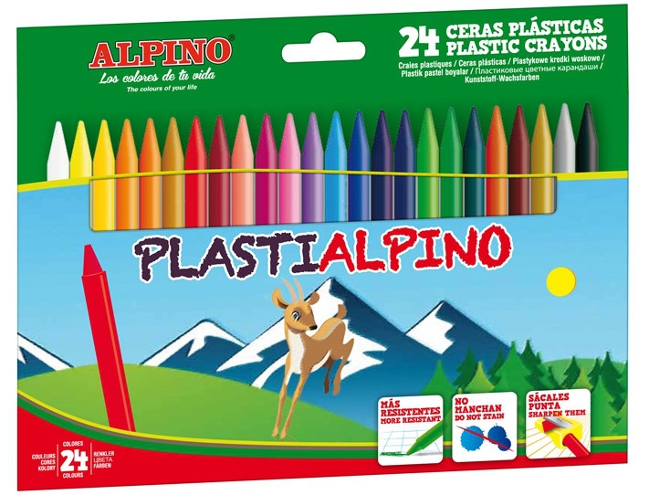 Creioane cerate din plastic, cutie carton, 24 culori/cutie, Plasti Alpino