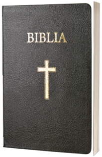 Biblia mare, 073, coperta piele, neagra, cu cruce, margini aurii, repertoar, fermoar