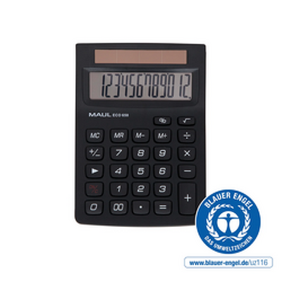 Calculator de birou MAUL ECO650, 12 digits, realizat din plastic reciclat, incarcare solara - negru