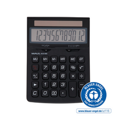 Calculator de birou MAUL ECO850, 12 digits, realizat din plastic reciclat, incarcare solara - negru