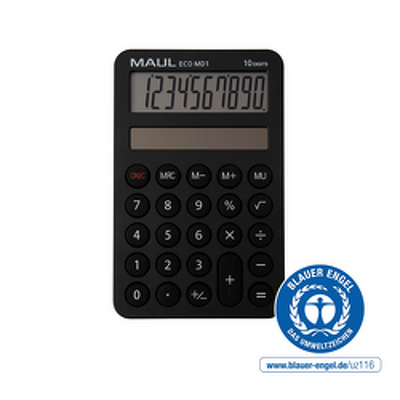 Calculator de buzunar Maul ECO MD1, 10 digits, realizat din plastic reciclat, incarcare solara-negru