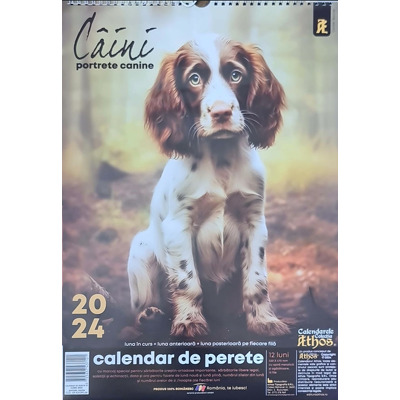 Calendar de perete A3 cu spira metalica si agatatoare 2024. Caini, portrete canine