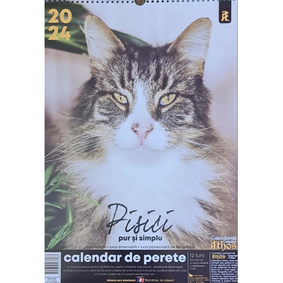 Calendar de perete A3 cu spira metalica si agatatoare 2024. Pisici pur si simplu