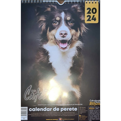 Calendar de perete X4 cu spira metalica si agatatoare 2024. Catei