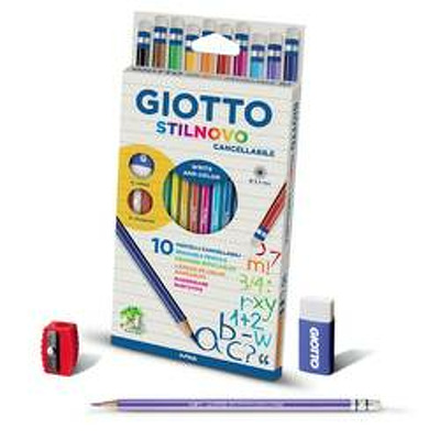 Creioane colorate, cutie carton, 10 culori/cutie cu ascutitoare si radiera, GIOTTO Stilnovo Erasable