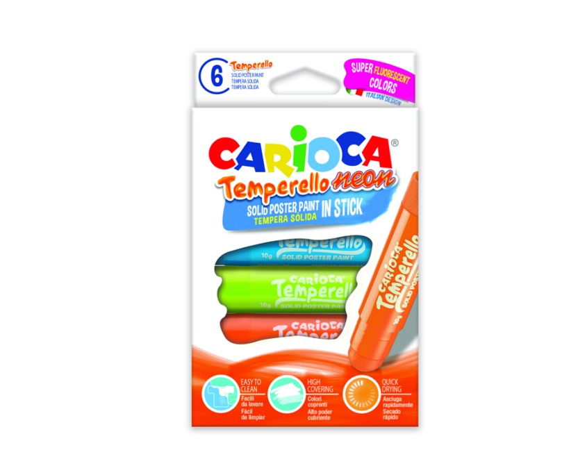 Creioane tempera fluorescente, lavabile, 6 culori/cutie, Carioca Temperello Neon