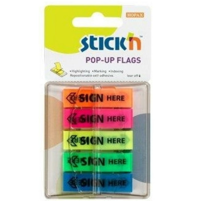 Film index autoadeziv 45 x 12mm, 5 x 30file/set, Stick Pop-up (sign here) - 5 culori neon