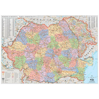 Harta administrativa de perete Romania si Moldova. Dimensiune 140x100cm, cu sipci din lemn si agatatoare