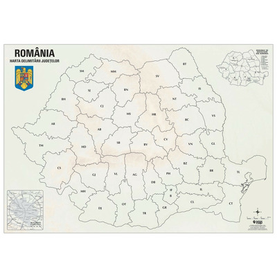 Harta de perete Romania cu delimitarea judetelor. Dimensiune 100x70cm, cu sipci din lemn