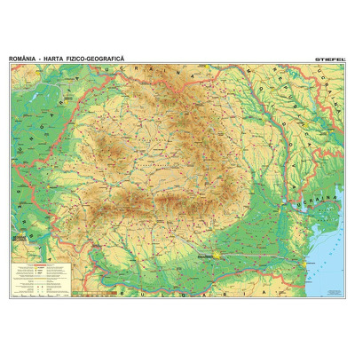 Harta de perete, Romania Fizico-Geografica. Dimensiune 140x120cm, cu sipci din lemn