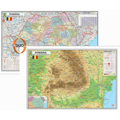 Harta fizica si administrativa a Romaniei, laminata (fata-verso), dimensiuni 50 x 70 cm