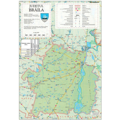 Harta judetului Braila. Dimensiune 70x100cm, cu sipci din lemn