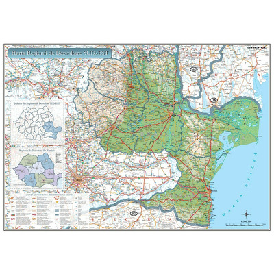 Harta Regiunii Sud-Est din Romania. Dimensiune 100x70cm