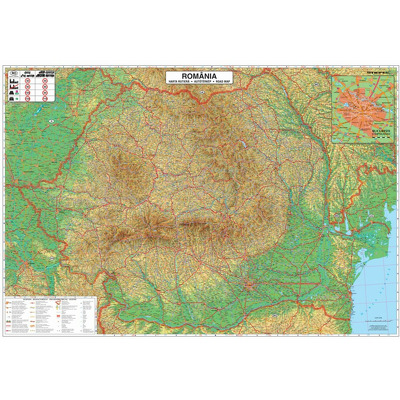 Harta Romania Rutiera-Administrativa-Geografica. Dimensiune 100x70cm, cu spici din plastic