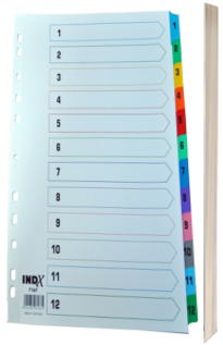 Index carton alb Mylar numeric 1-12, margine PP color, A4, 190g/mp, Optima