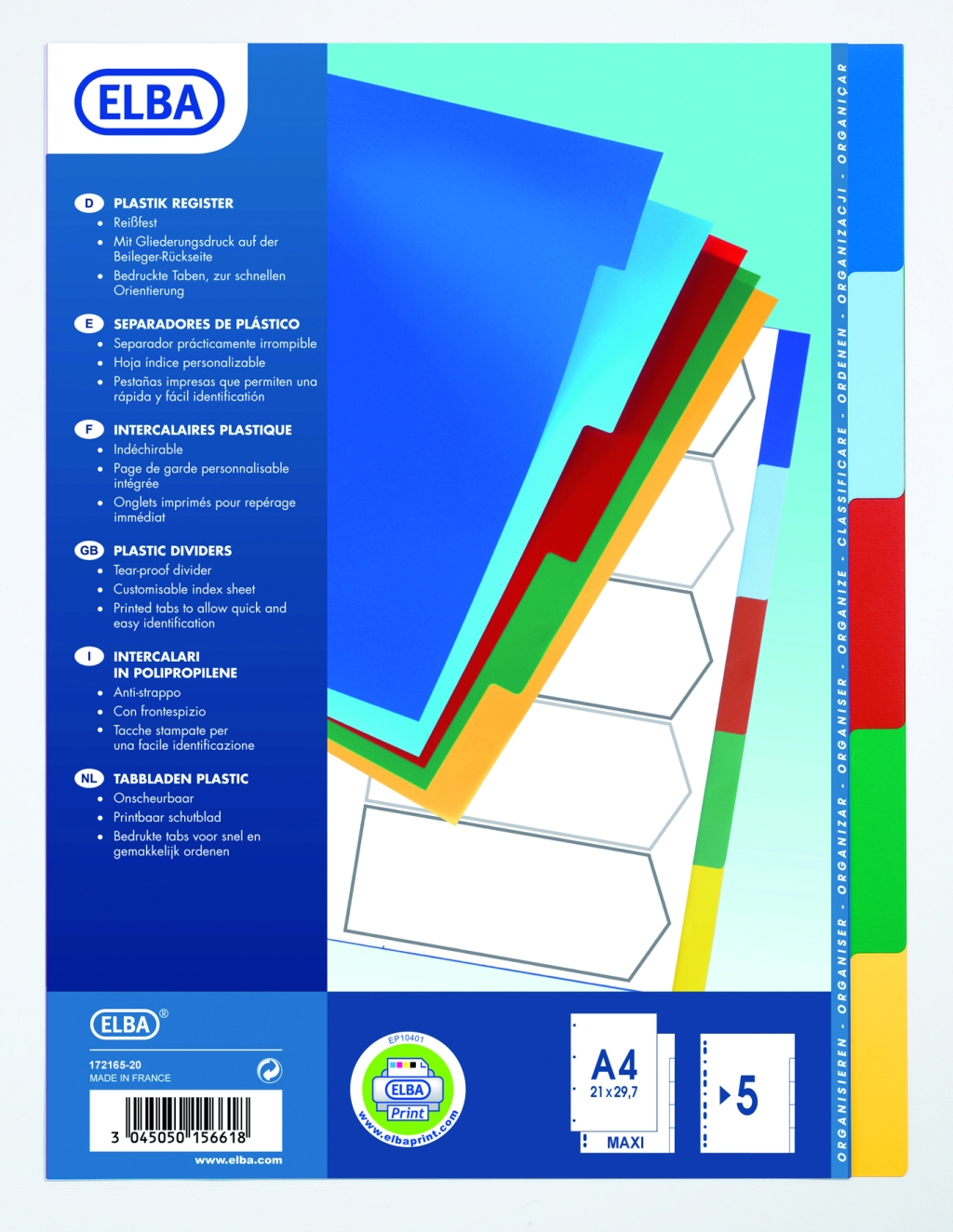 Index plastic color numeric 1- 5, A4 XL, 120 microni, ELBA