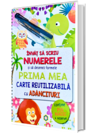 Invat sa scriu numerele si sa desenez formele. Prima mea carte reutilizabila cu adancituri + pix magic si rezerve