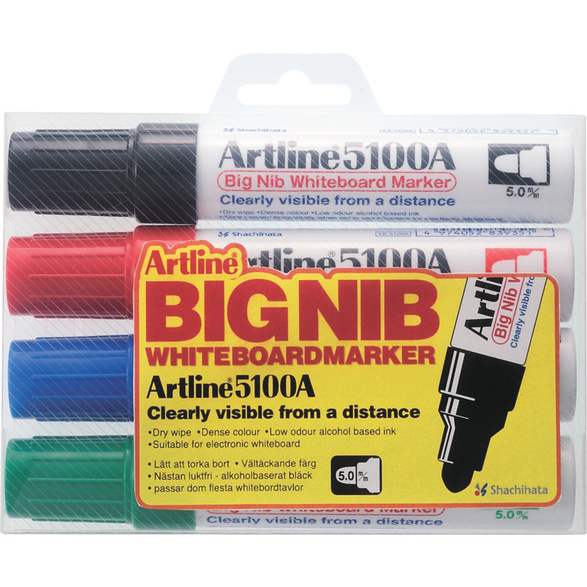 Marker pentru tabla de scris Artline 5100A, corp metalic, varf rotund 5.0mm, 4 culori/set