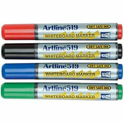 Marker pentru tabla de scris ARTLINE 519 - Dry safe ink, varf tesit 2.0-5.0mm, 4 culori/set