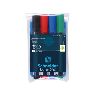 Marker Schneider Maxx 290, pentru tabla de scris flipchart, varf rotund 2-3mm, 4 cul/set - (N,R,A,V)