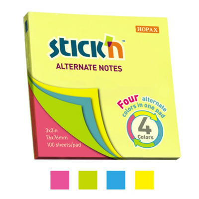 Notes autoadeziv 76 x 76 mm, 100 file, Stickn Alternate - 4 culori neon