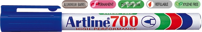 Marker permanent albastru, corp metalic, varf rotund 0.7mm - Artline 700