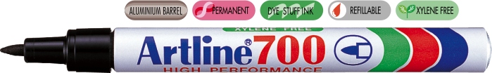 Marker permanent negru, corp metalic, varf rotund 0.7mm - Artline 700