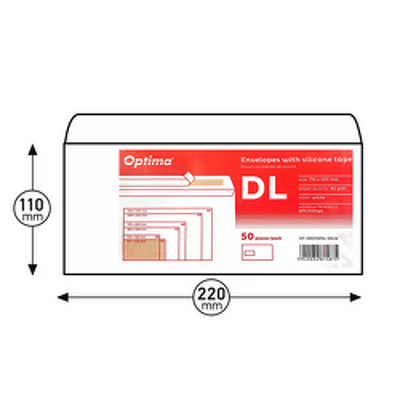 Plic DL (110x220mm), lipire siliconica, 50 buc/set, Optima - alb - fereastra stanga