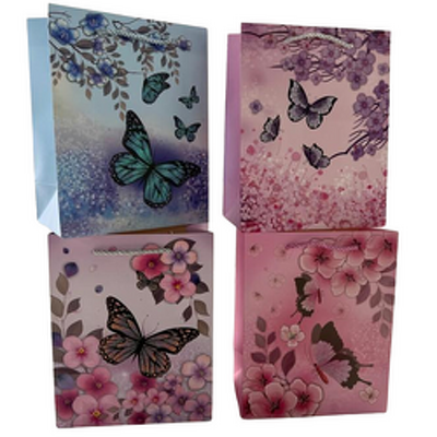 Punga cadou, carton glitter 210gr, design Butterfly, 26x32x10cm, modele asortate