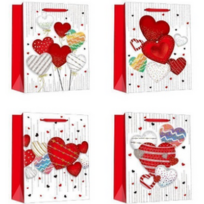 Punga cadou, carton glitter 210gr, design Red Heart, 18x23x10cm, modele asortate