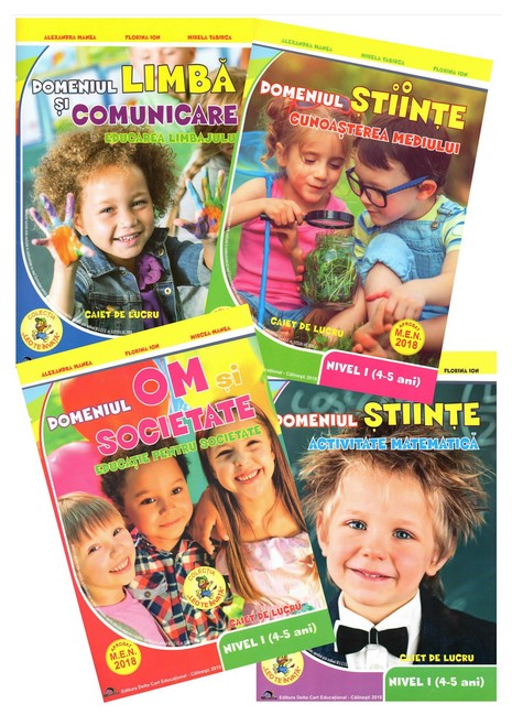 Set de 4 caiete pentru gradinita, nivel 4-5 ani. Domeniul, limba si comunicare, om si societate, stiinte (matematica), stiinte (cunoasterea mediului) - Editia, 2018