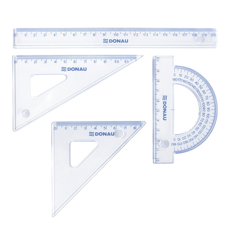 Set geometrie mic, contine: rigla 20cm, raportor, echer 10.5cm si echer 15cm, Donau - transparent