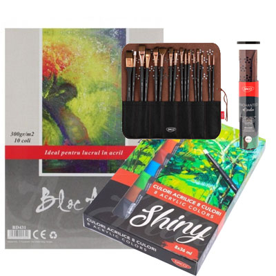 Setul creativ - Artist echipat (pensule, culori acrilice, bloc de desen)