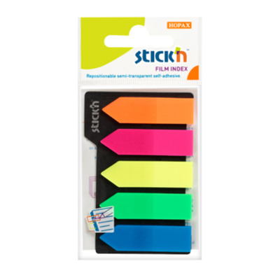 Stick index plastic transparent color 42 x 12 mm, 5 x 25 file/set, Stick - 5 culori neon - sageata