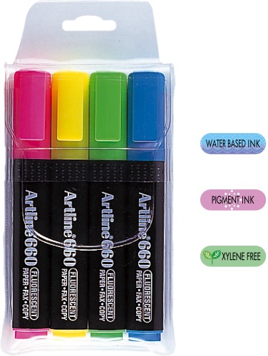 Textmarker Artline 660, varf tesit 1.0-4.0mm, 4 culori/set - (YE,PK,GR,LBL)