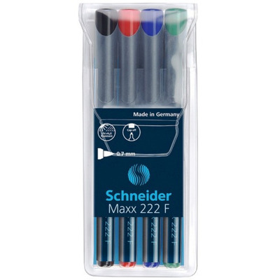 Universal permanent marker Schneider Maxx 222 F, varf 0.7mm, 4 culori/set - (N, R, A, V)